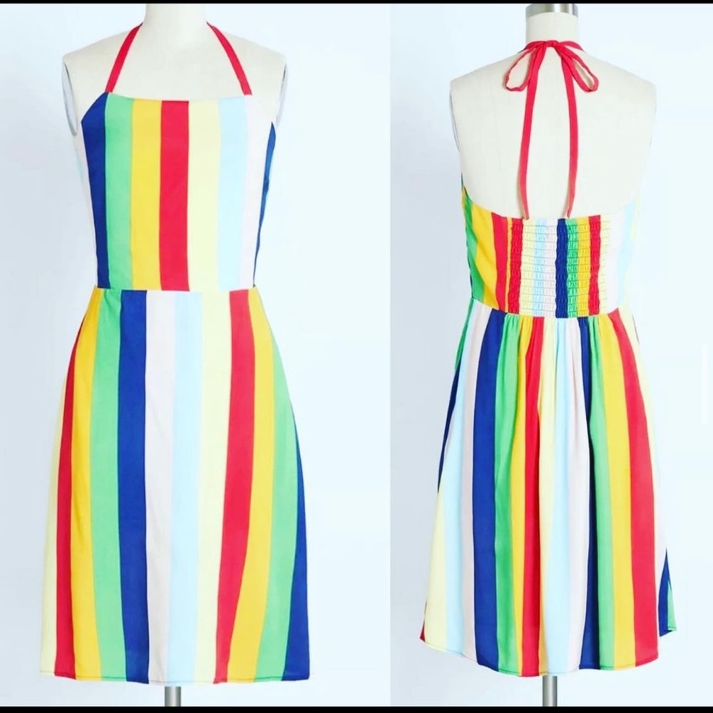 🌈 NWT MODCLOTH RAINBOW RETRO HALTER DRESS XL 12 14 AIRY AND COMFY